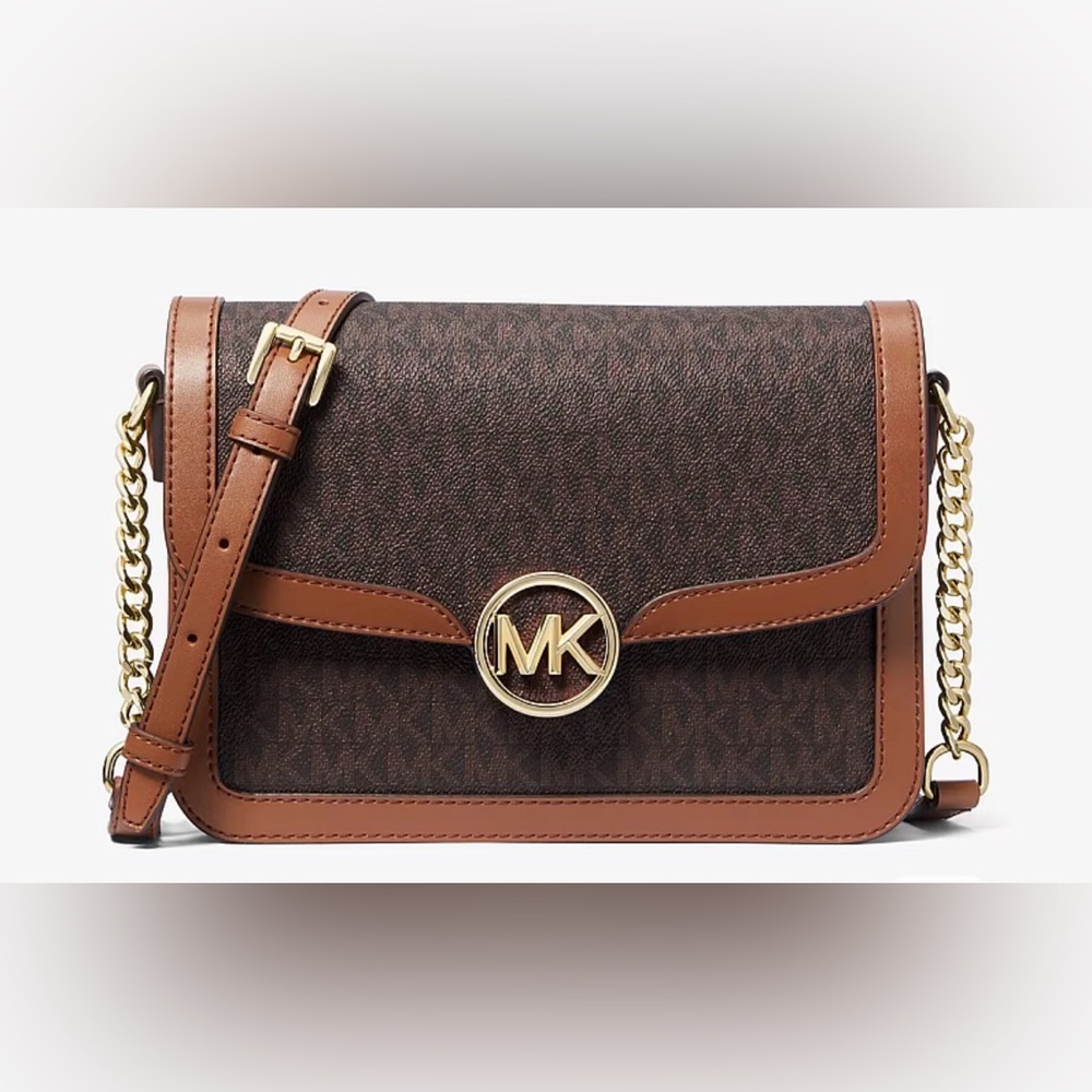 Michael Kors Brown and Tan MK Logo Crossbody Bag w/COA